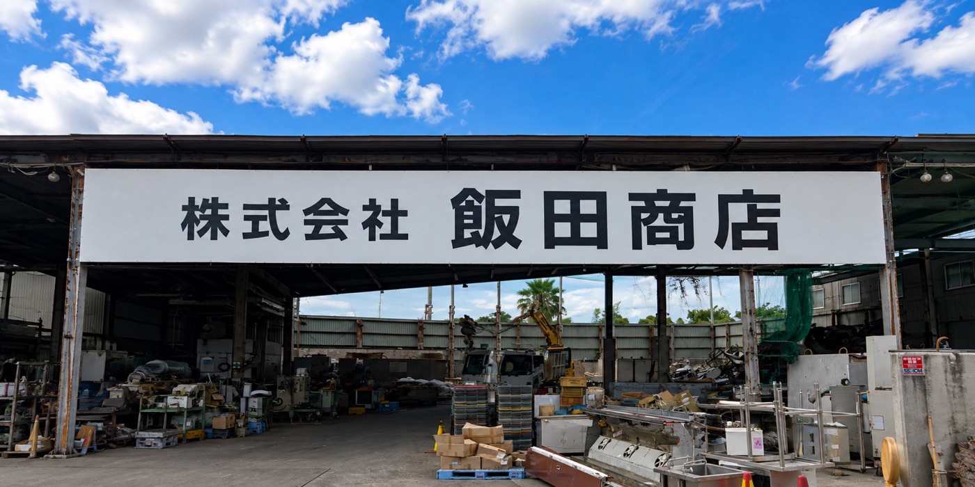 「株式会社 飯田商店」の看板を掲げた本社・事務所の正面と資材ヤード